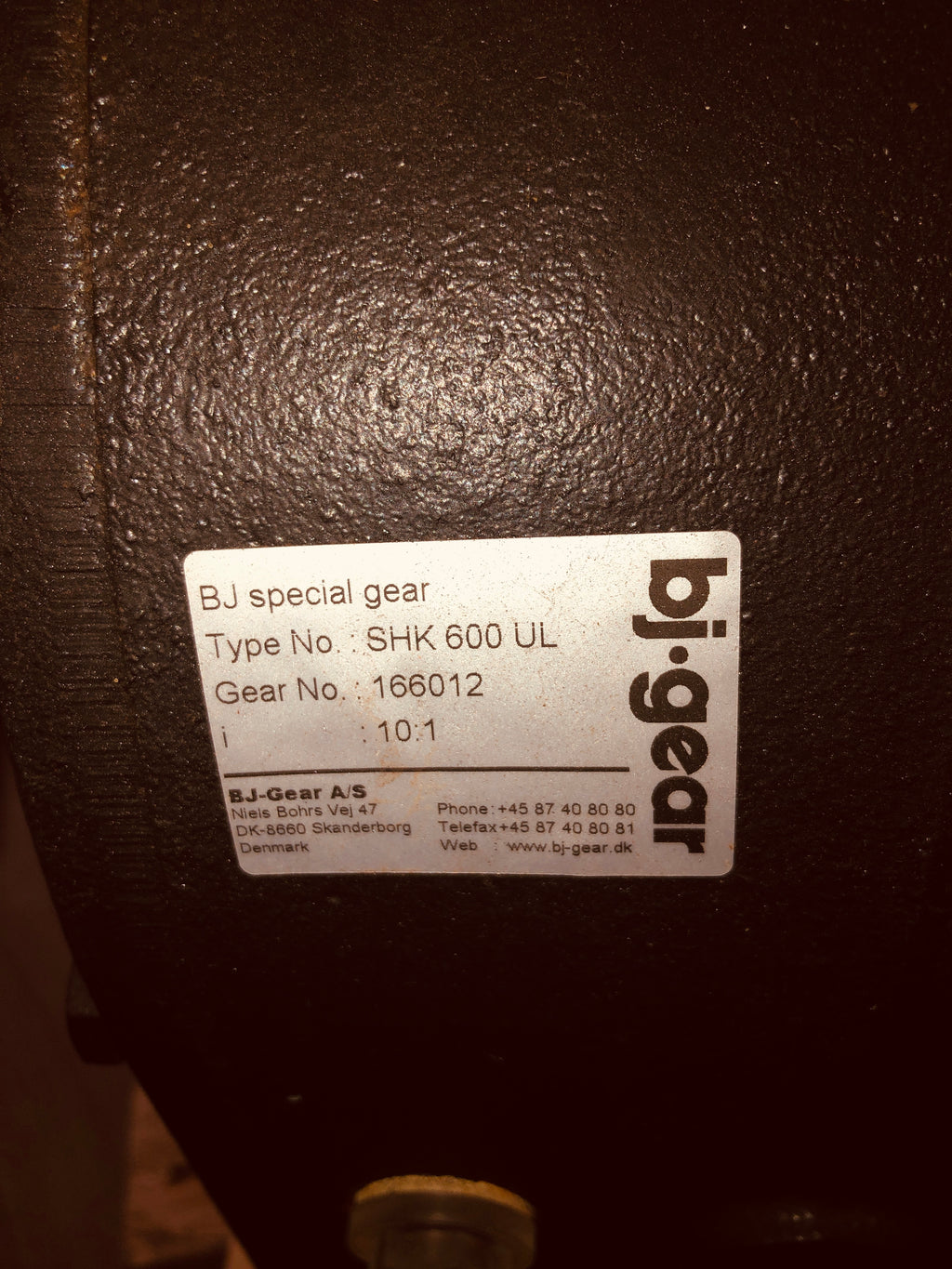 bj gear denmark BJ-Gear A/S Special Gear Type No SHK 600 UL Gear No 166012 10:1