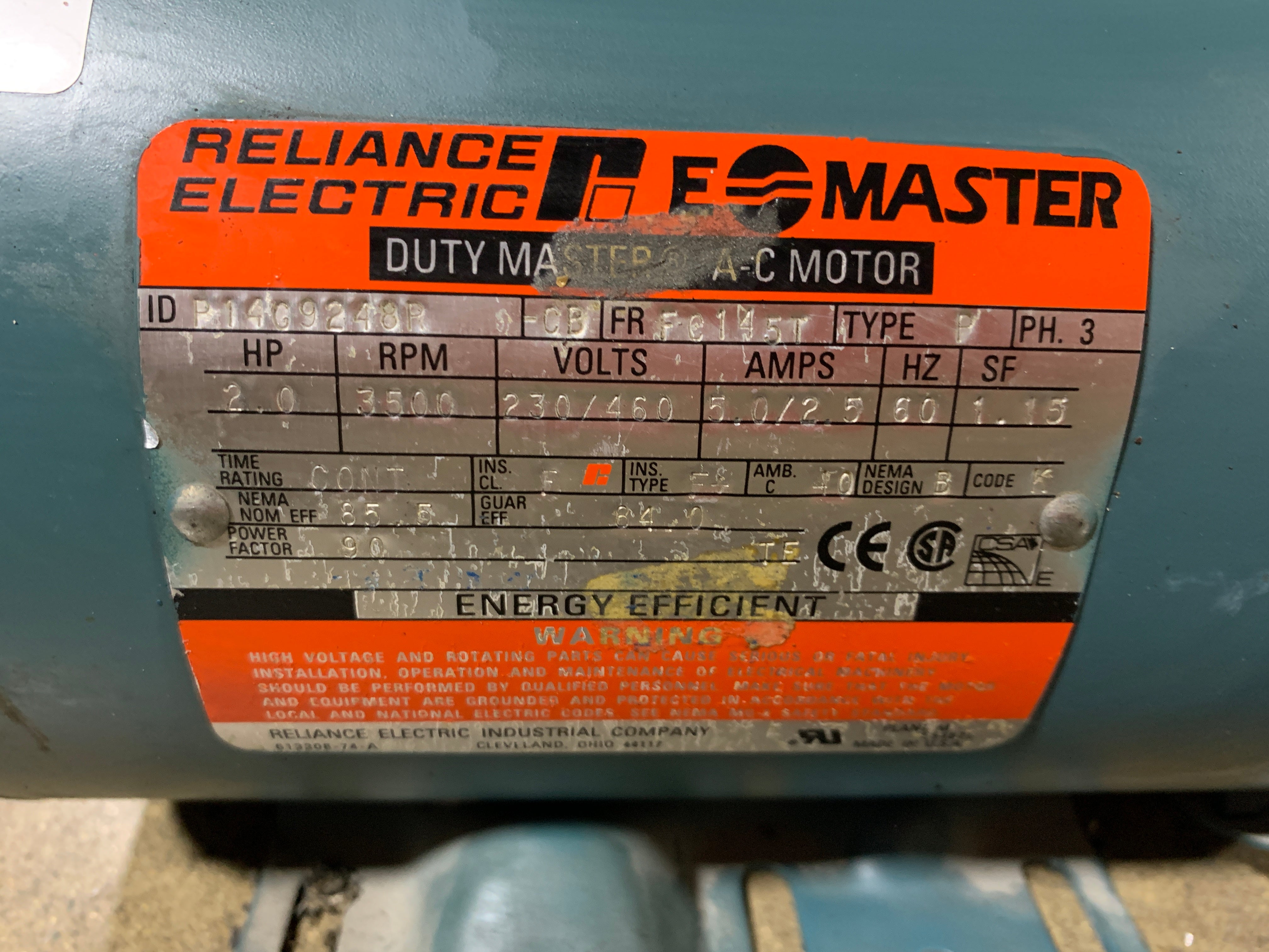 Reliance Electric AC Motor P14G9248P 2 HP 3 PH 3500 RPM