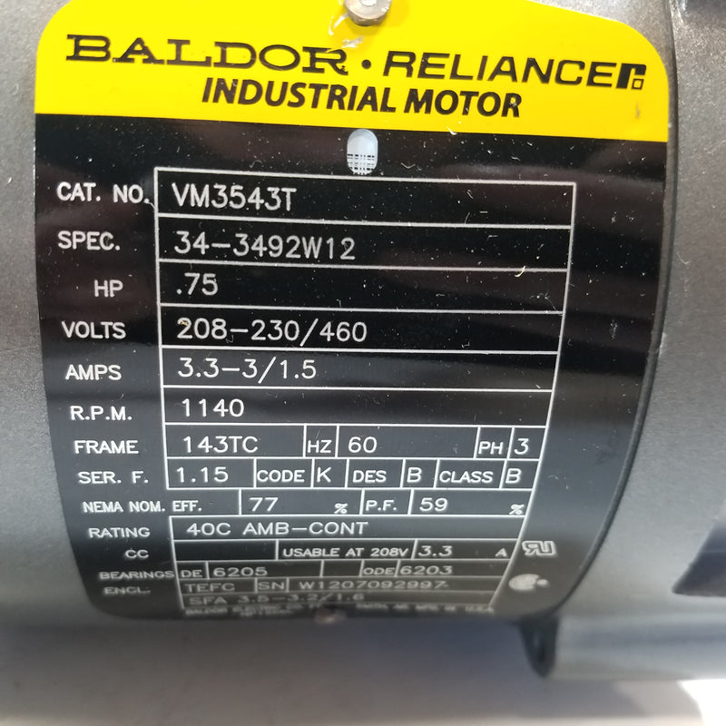 Baldor VM3543T Electric Motor 3/4 HP 3 Phase 1140 RPM