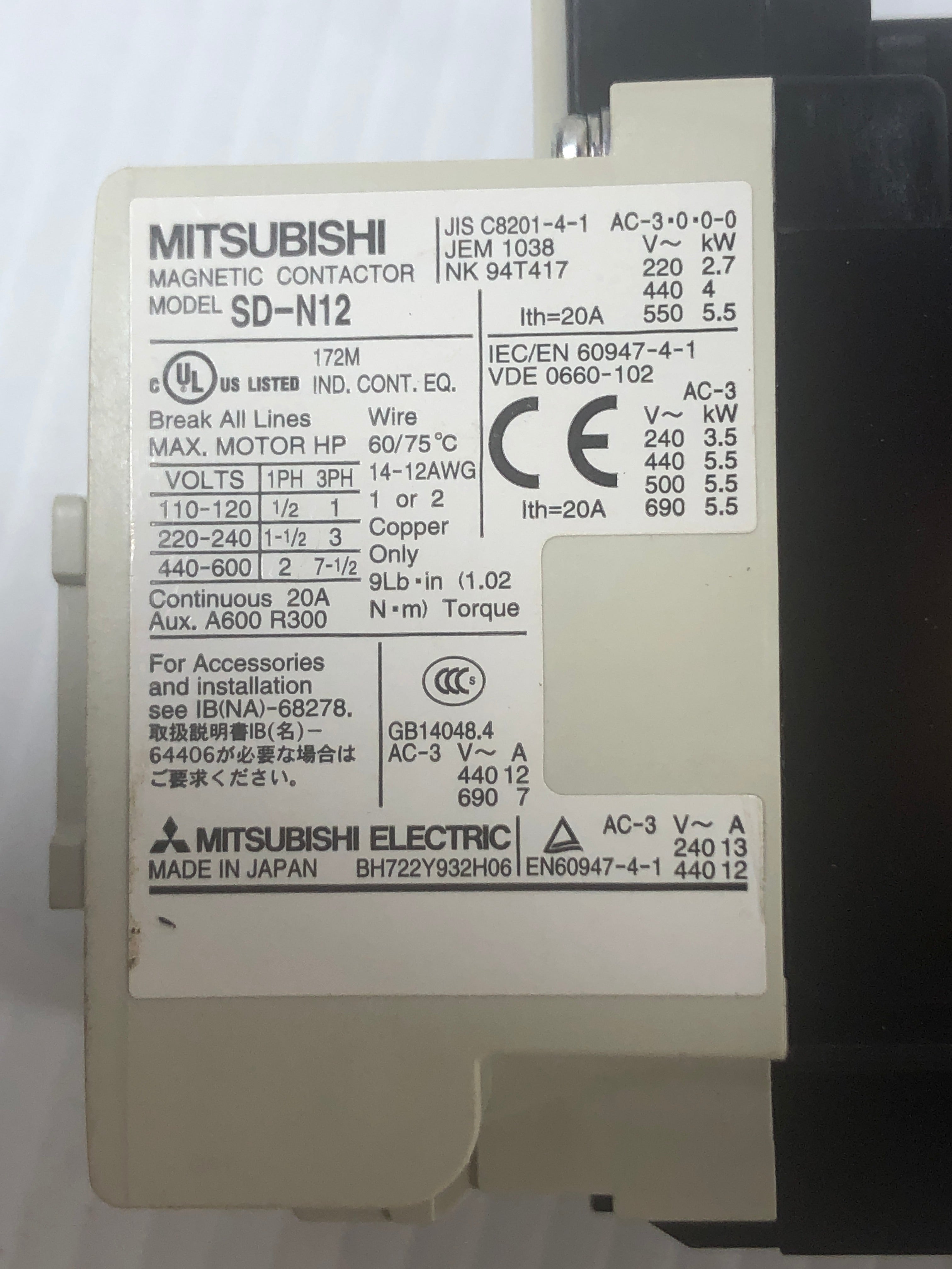 Mitsubishi Magnetic Contactor SD-N12