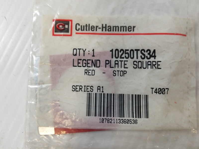 Cutler-Hammer 10250TS34 Legend Plate Red Stop