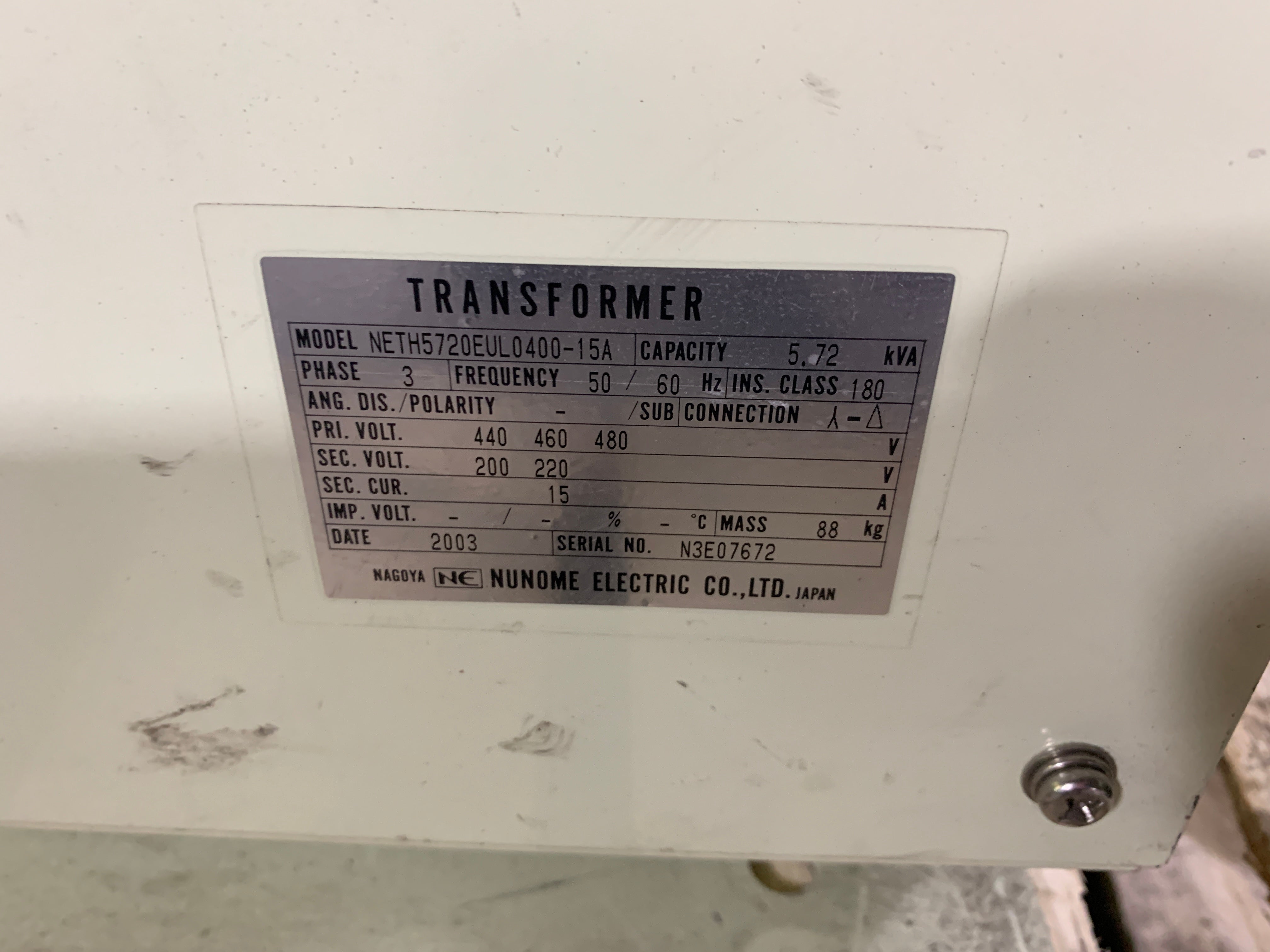 Nunome NETH5720EUL0400 Transformer 5.72 KVA 3 PH