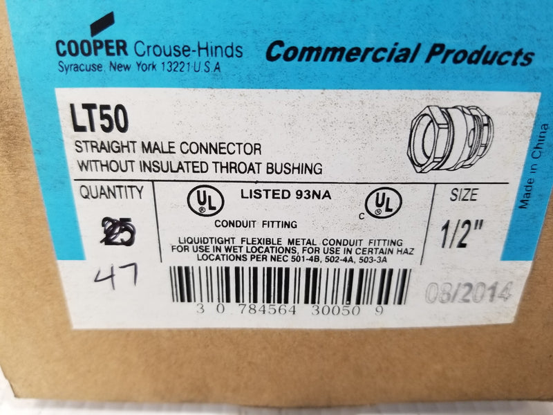 Cooper LT50 Straight Male Conduit Connector 1/2" (Box of 47)