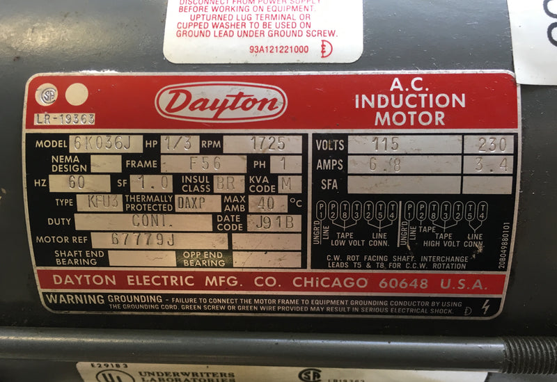 Dayton AC Induction Motor 6K036J 1/3HP 1725RPM 1PH