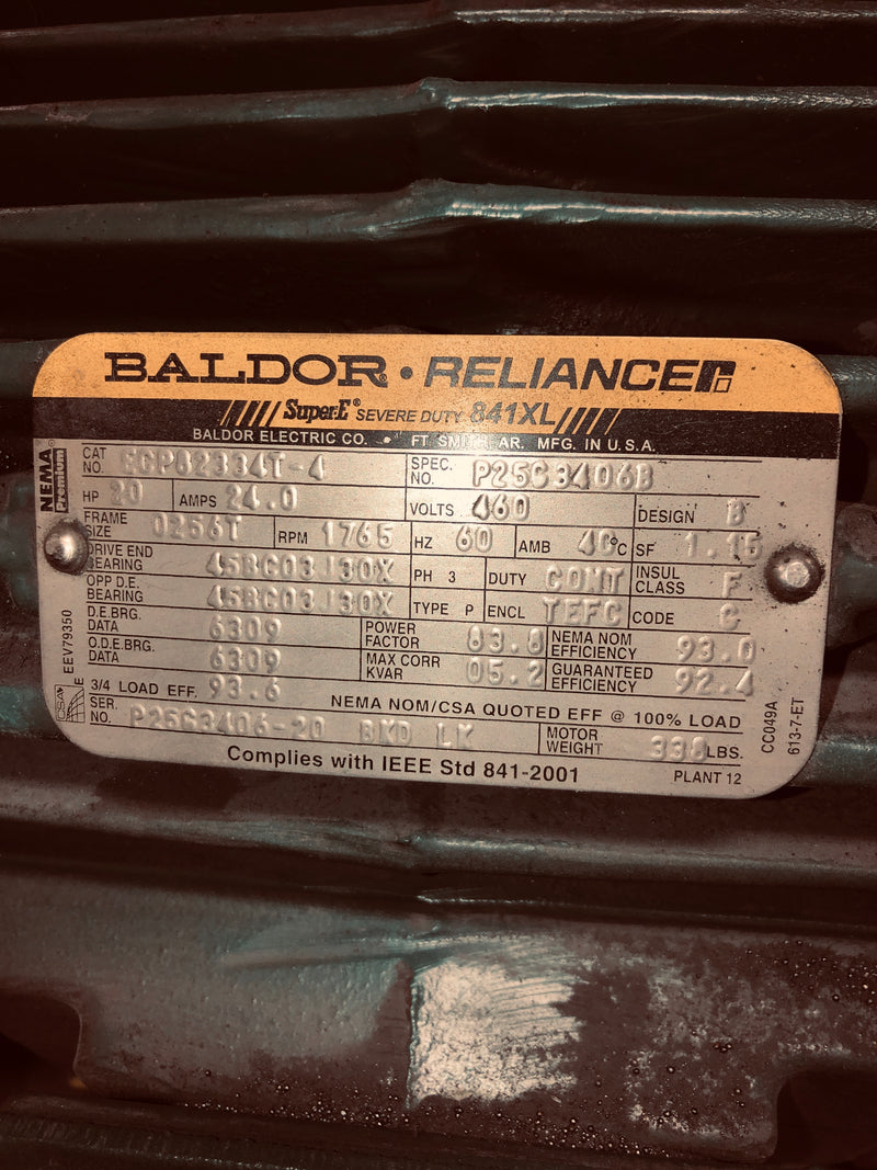 Baldor Reliance Super E 20 HP Motor ECP82334T-4 1765 RPM