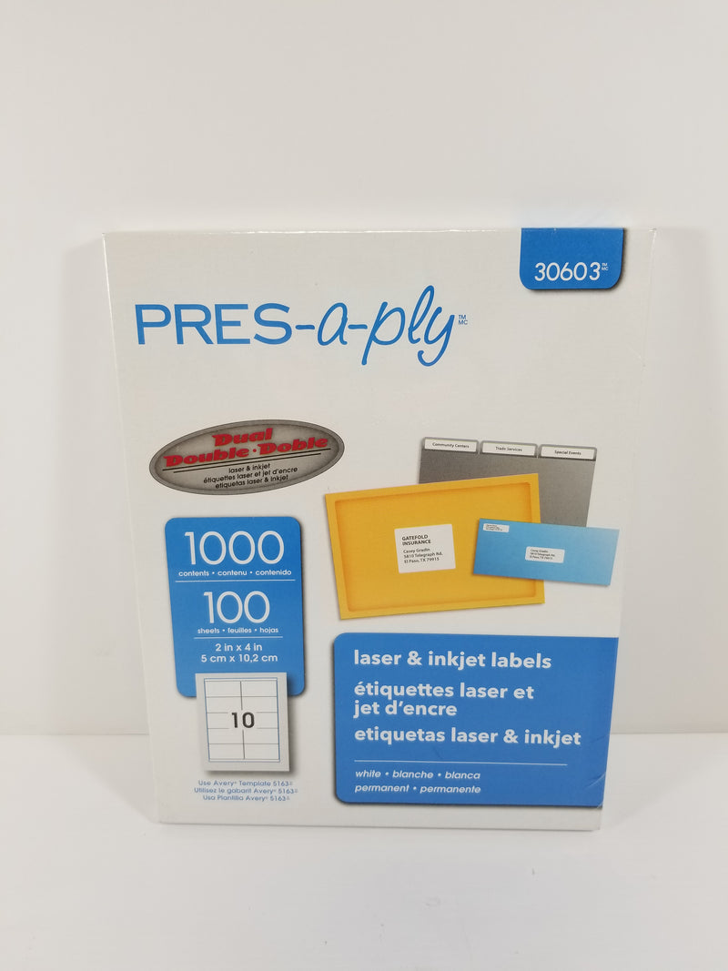 Avery Pres-a-ply 30603 Laser & Inkjet Labels 2 x 4 Inch White 1000 Count 100 Pgs