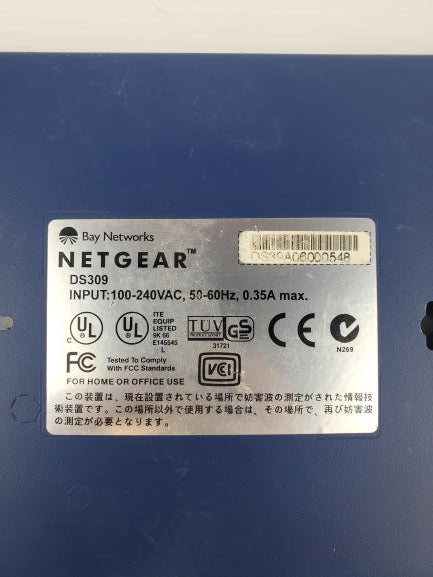 NETGEAR DS309 Ethernet Hub 8 Inputs - Input 100-240VAC - 50-60Hz - 0.35A Max