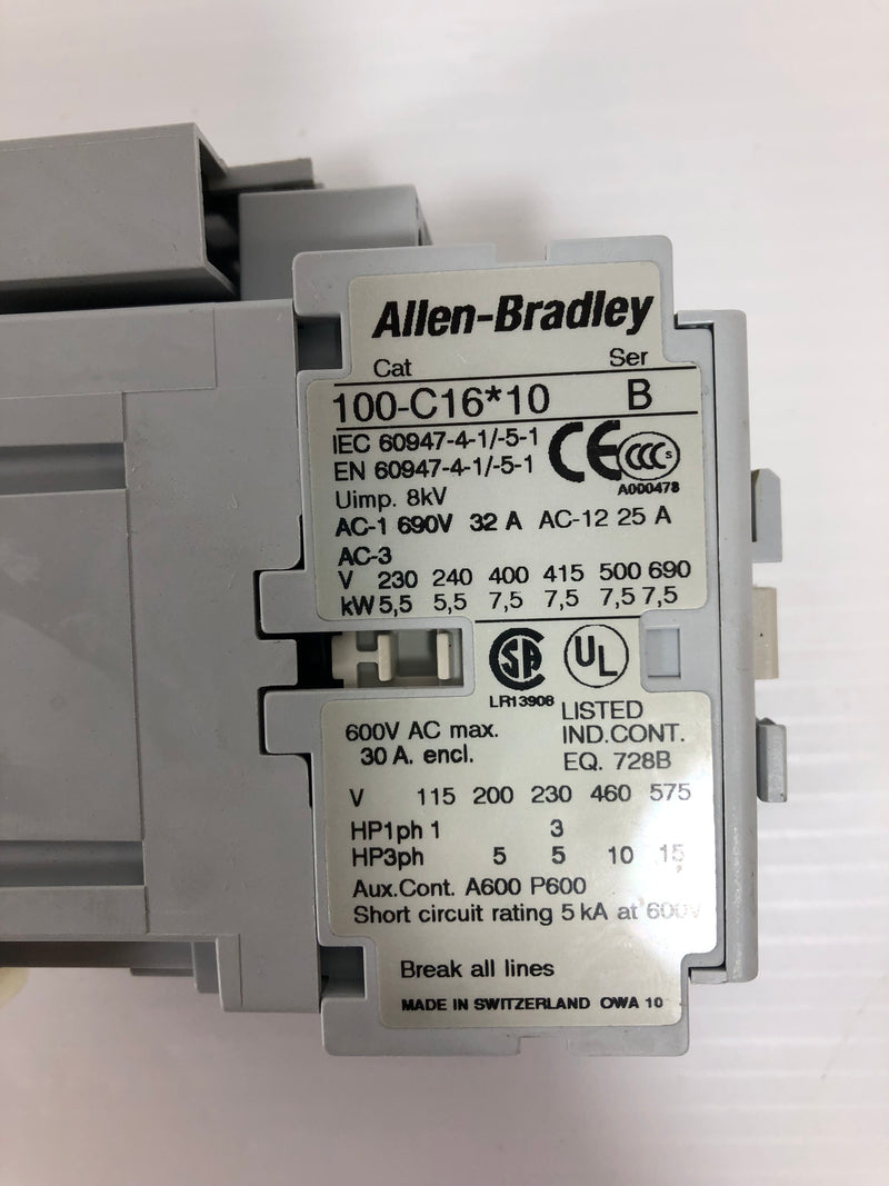 Allen-Bradley 100-C16*10 Ser B Contactor with 100-FSV136 Ser A Contact Block