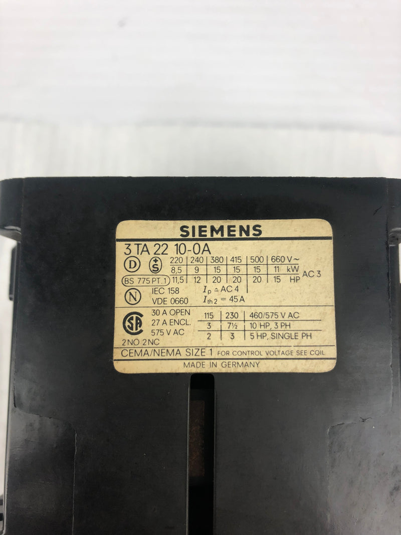 Siemens 3TA22 Contactor 10-0A