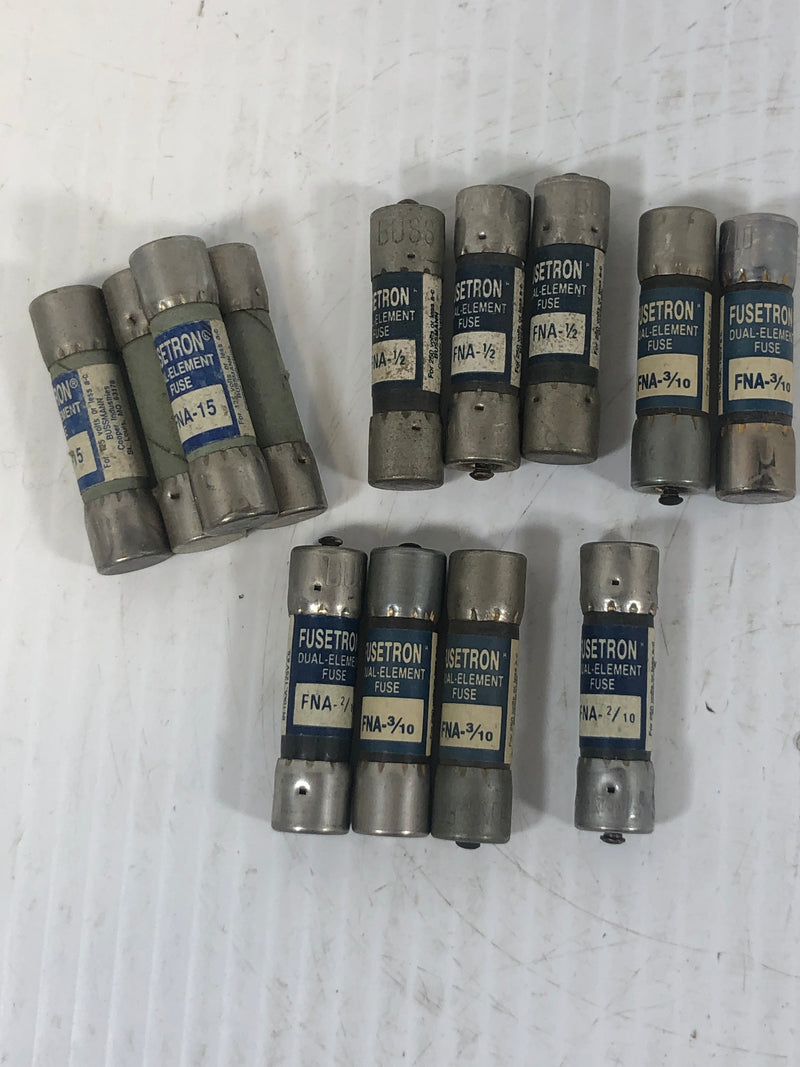 Buss Fusetron Dual Element Fuse FNA 15 FNA 1/2 FNA 2/10 FNA 3/10 Lot of 11