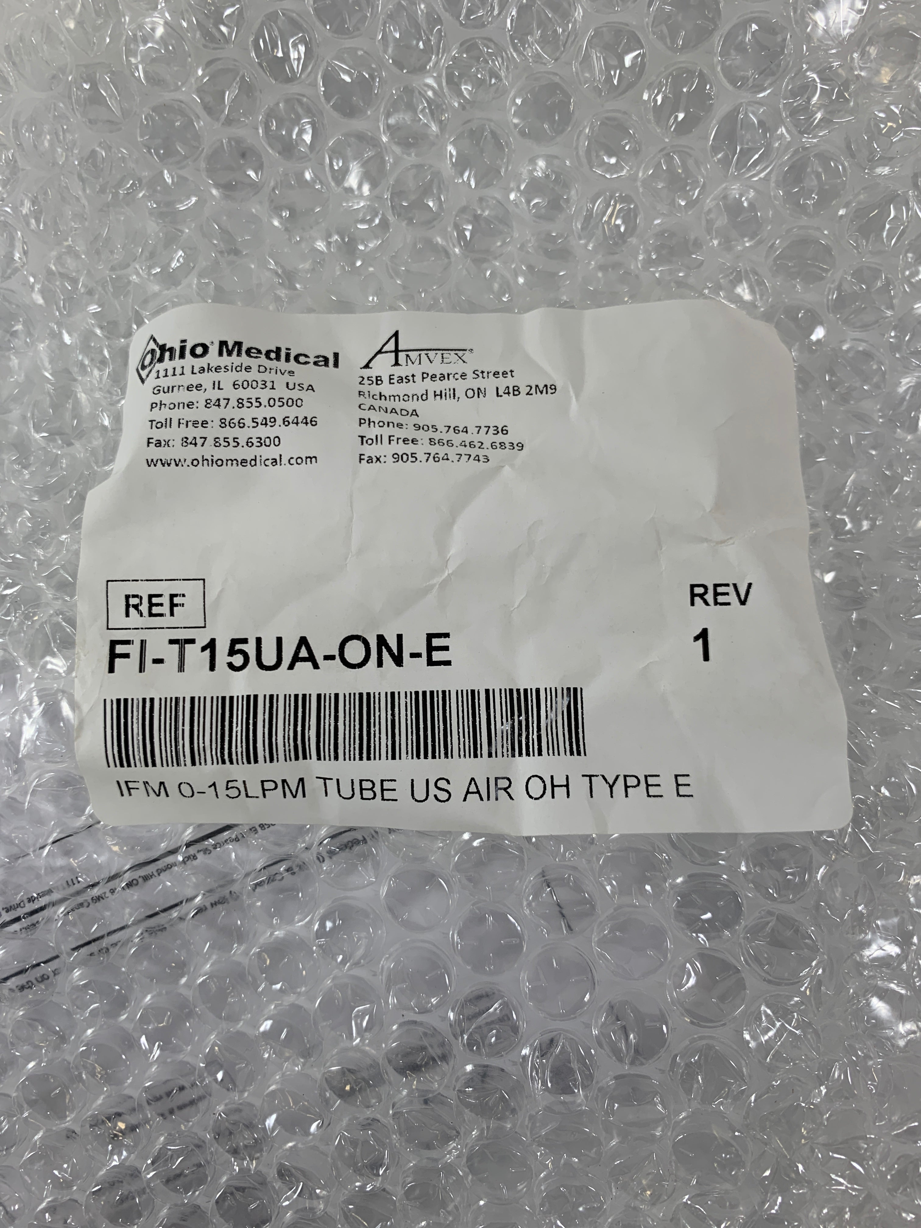 Amvex FI-T15UA-ON-E 0-15 LPM Type E Oxygen Tube