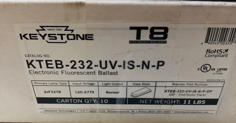 Keystone Electronic Fluorescent Ballast KTEB-232-UV-IS-N-P Case of 10