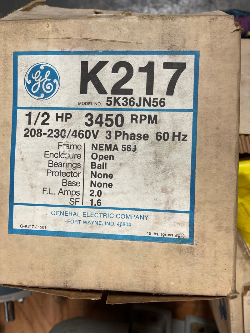 GE K217 5K36JN56 1/2 HP 3450 RPM 3 Phase 60 HZ NEMA 56J Frame