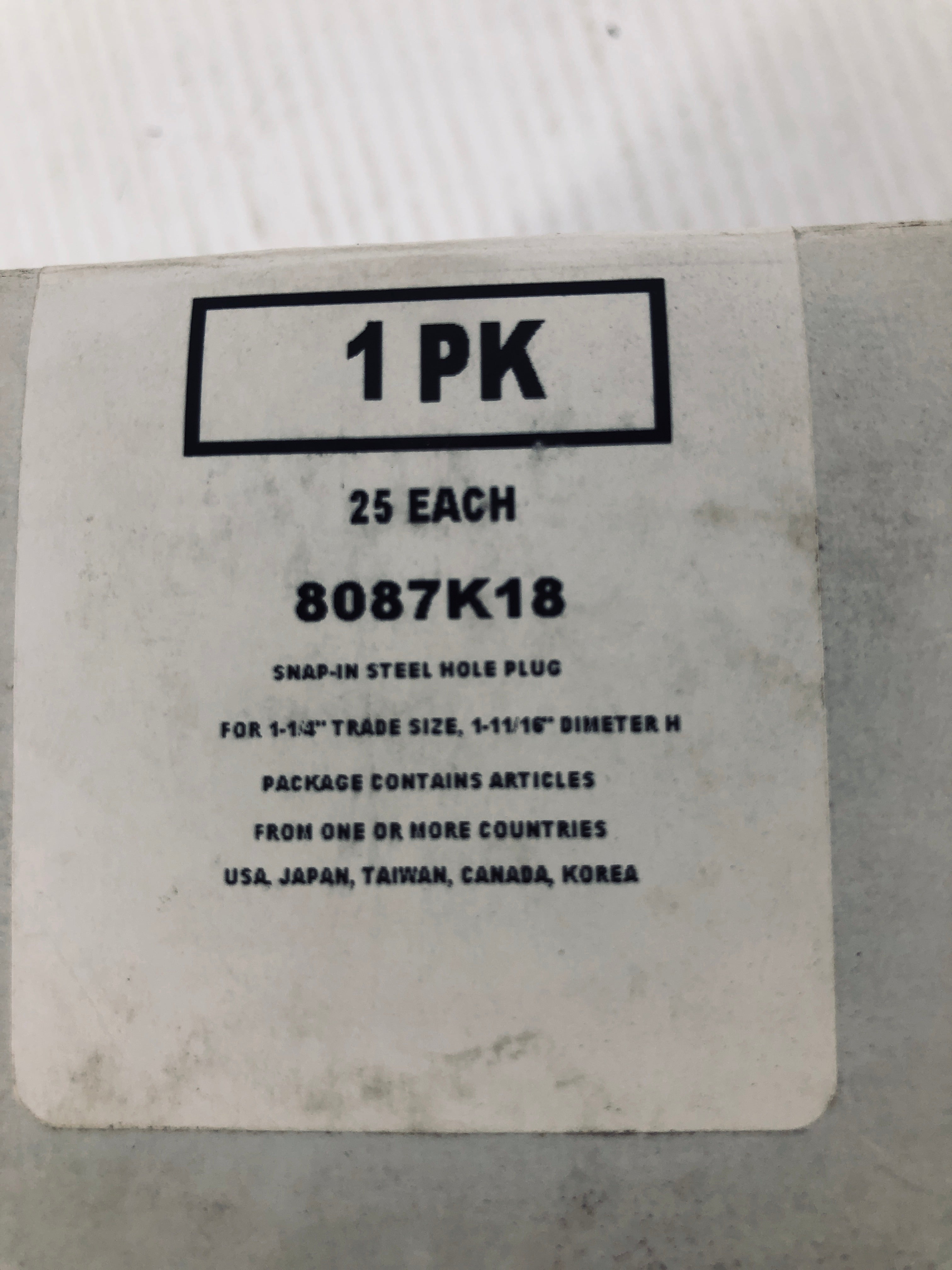 Steel Snap In Button Hole Plug 1-1/4" Trade Size 1-11/16 8087K18 - Box of 25