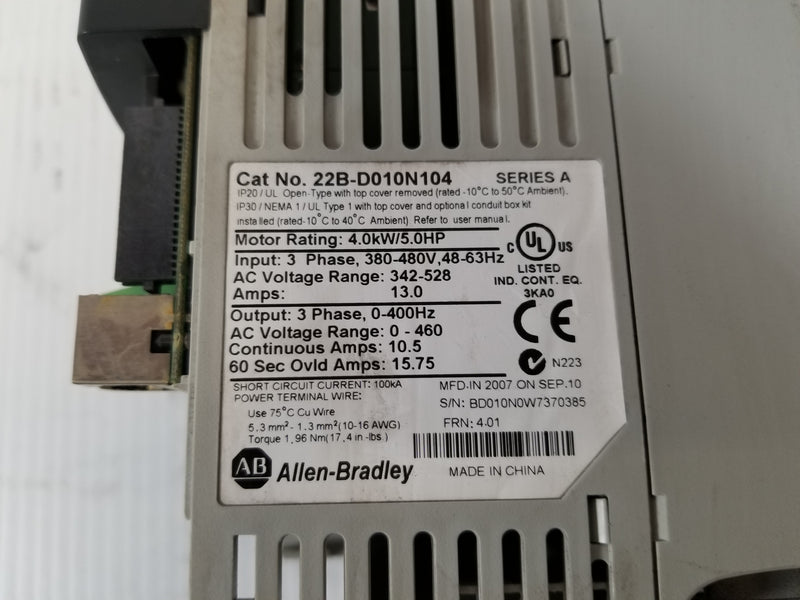 Allen-Bradley 22B-D010N104 Powerflex 40 AC Motor Drive 5HP