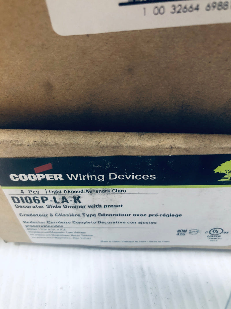 (3) Cooper Wiring Almond Decorator Slide Dimmer With Preset 600W/VA DI06-LA-K