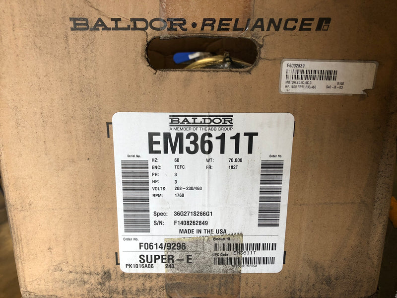 Baldor EM3611T 3HP 3 Phase Electric Motor 1760 RPM 182T Frame