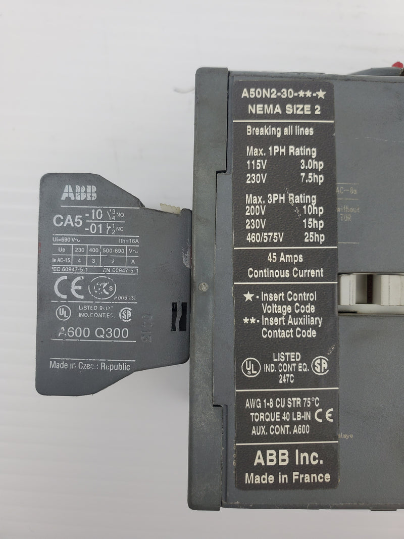 ABB A50N2-30-**-* Contactor NEMA SIZE 2 W/2 ABB A600-Q300 Attached