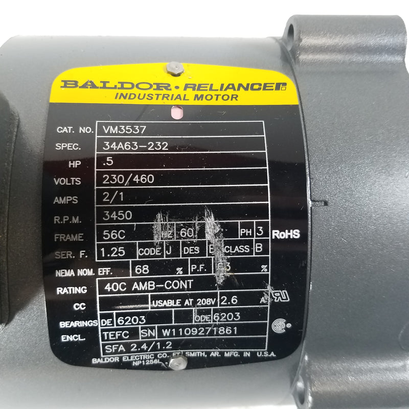 Baldor VM3537 1/2HP 3 Phase Electric Motor 002