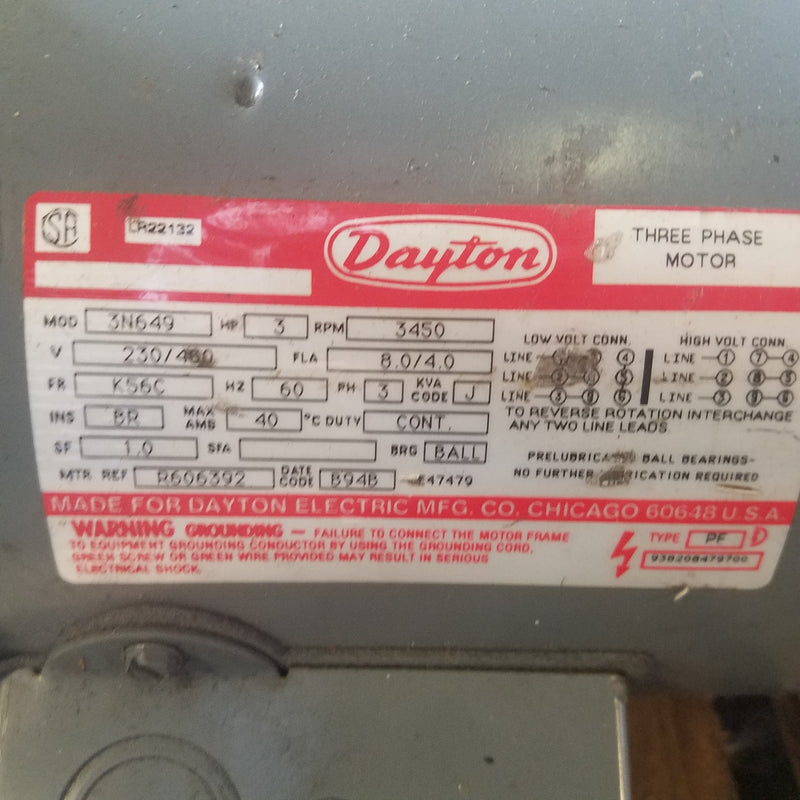 Dayton 3N649 3 Horsepower Electric Motor