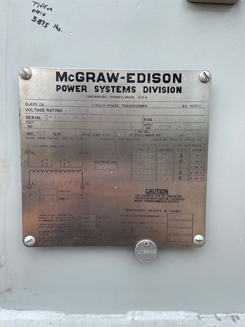 McGraw-Edison Single Phase Transformer 12470-600V 1100kVA 60 Hz C-44586-1-1