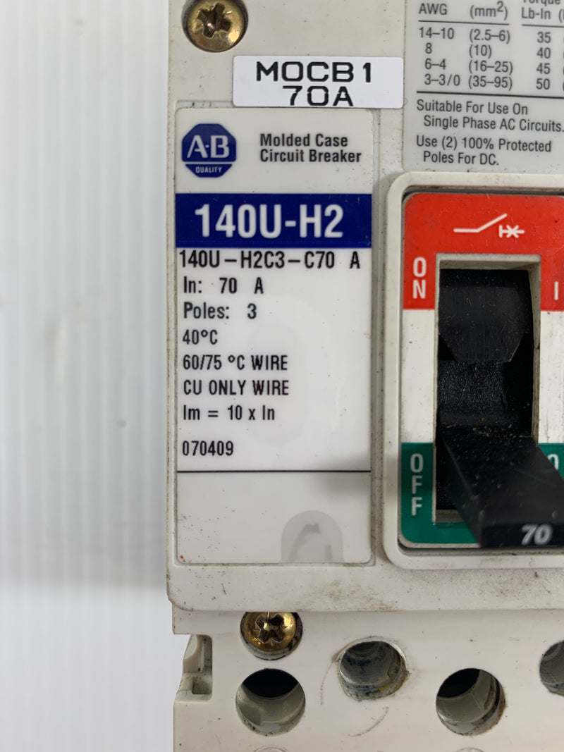 Allen Bradley Circuit Breaker 3 Pole 140U-H2C3-C70 A