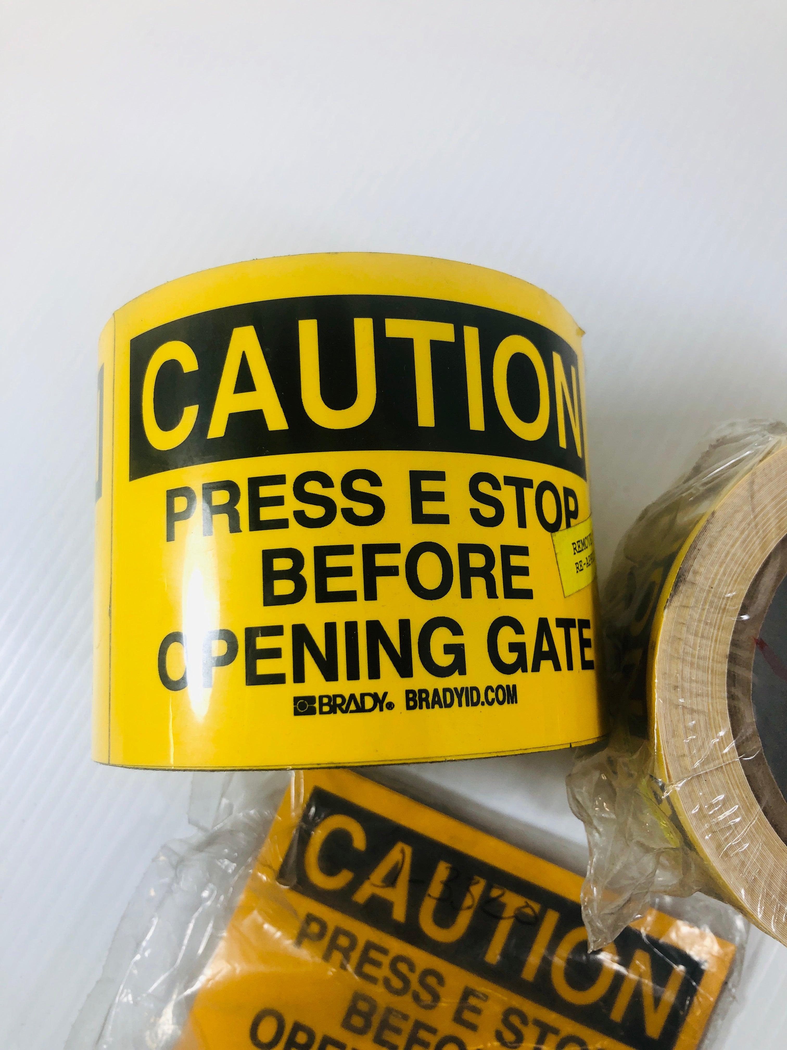 Brady Caution Stickers "Press E Stop Before Opening Gate" Yellow 3-1/2" x 5"