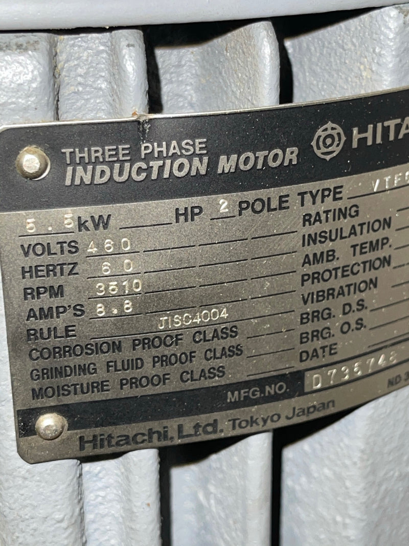 Hitachi Induction Motor 5.5 KW 2 Pole 460 Volts Type VTFO D736748