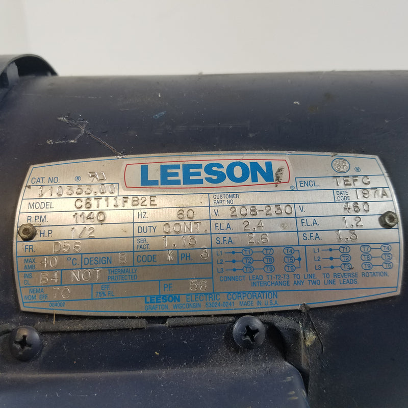 Leeson C6T11FB2E 1/2HP 3 Phase Electric Motor 1140 RPM