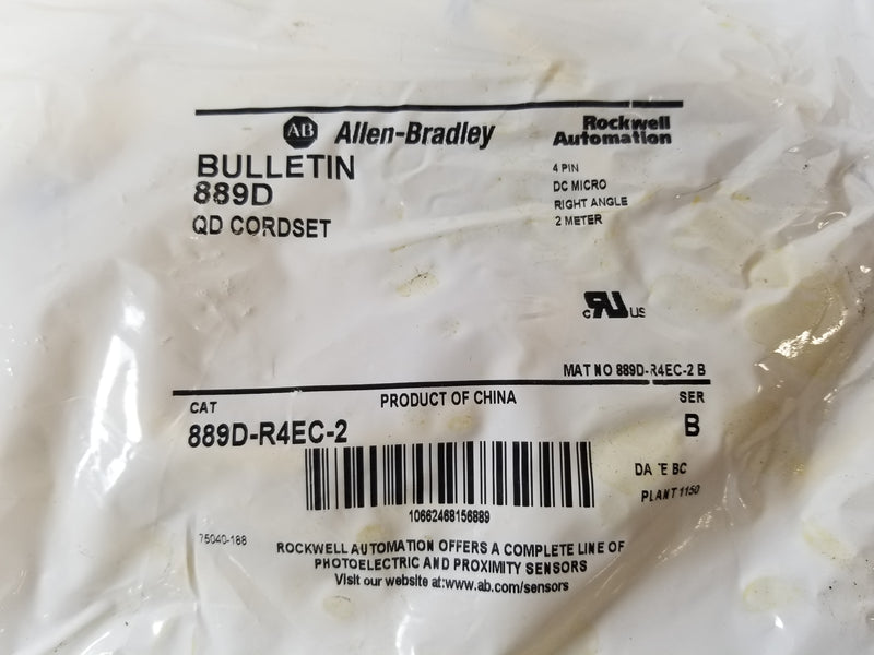 Allen-Bradley 889D-R4EC-2 4 Pin DC Micro Right Angle 2 Meter QD Cordset