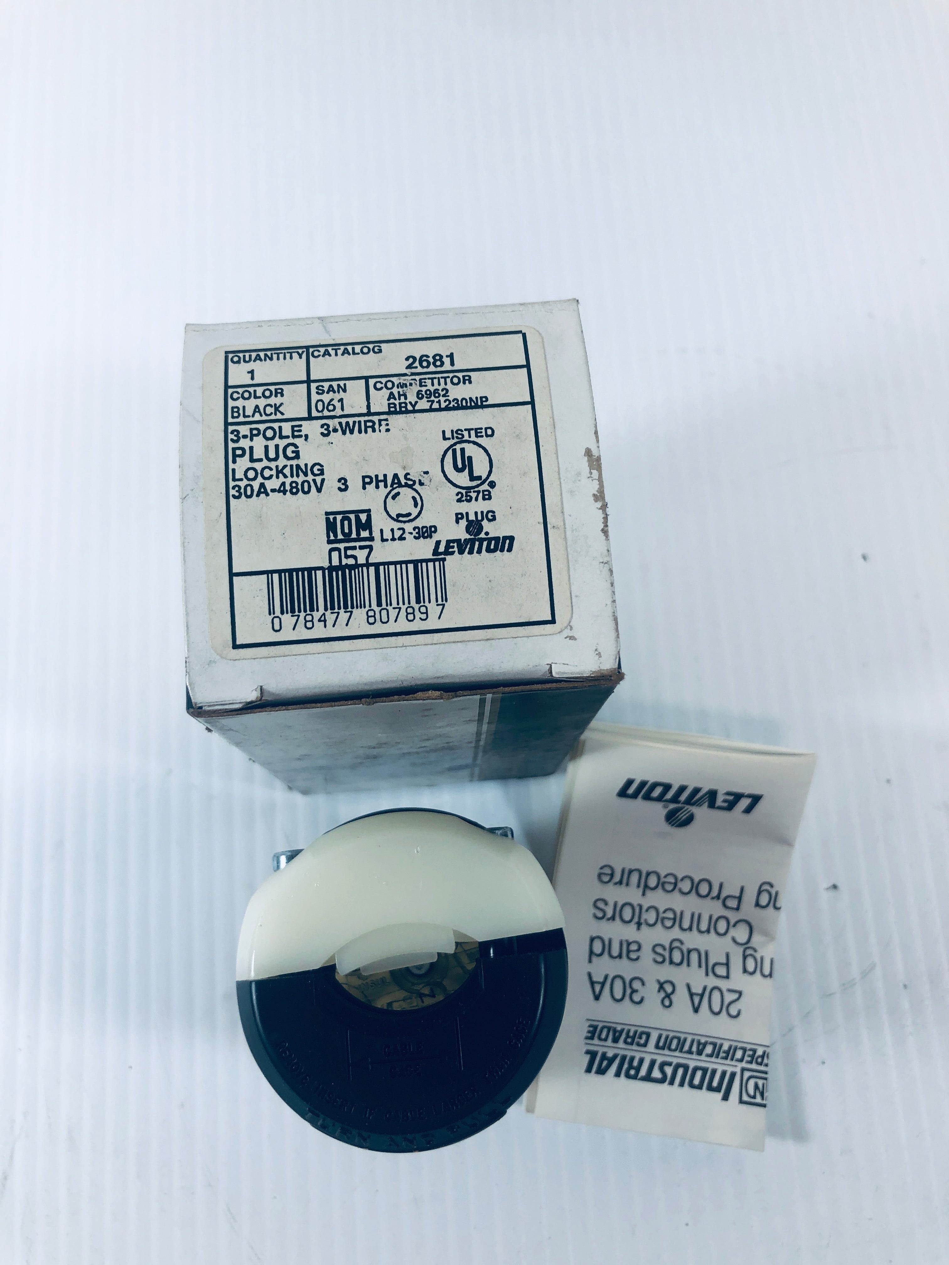 Leviton 3-Pole 2-Wire Locking Black 30A-480V 2681