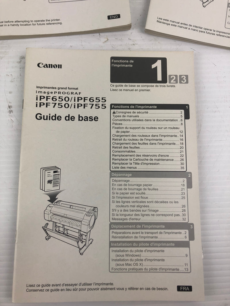 Canon iPF650/iPF655/iPF750/iPF755 Basic Guide in 3 Languages