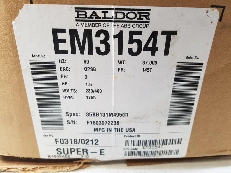 Baldor EM3154T 1-1/2HP 3 Phase Electric Motor