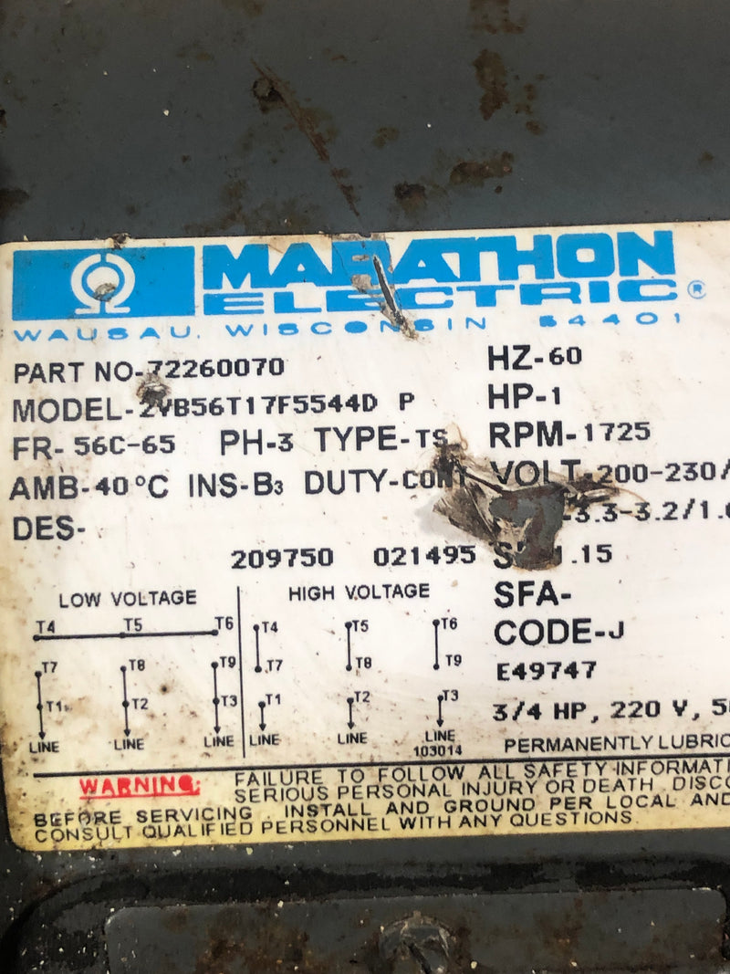 Marathon Electric Motor 72260070 Model 2VB56T17F5544D P 1/3 HP 1725 RPM