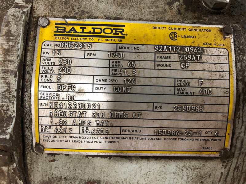 Baldor DMG2315 Direct Current Generator 32A112-0963 Frame 259AT 1750 RPM