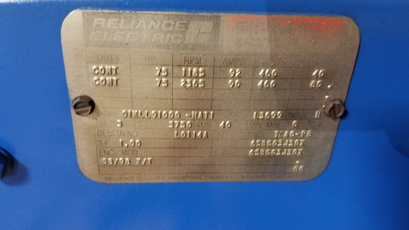 Reliance Electric 75 HP 460V 1185 RPM Motor 01KLL91000-HAT1