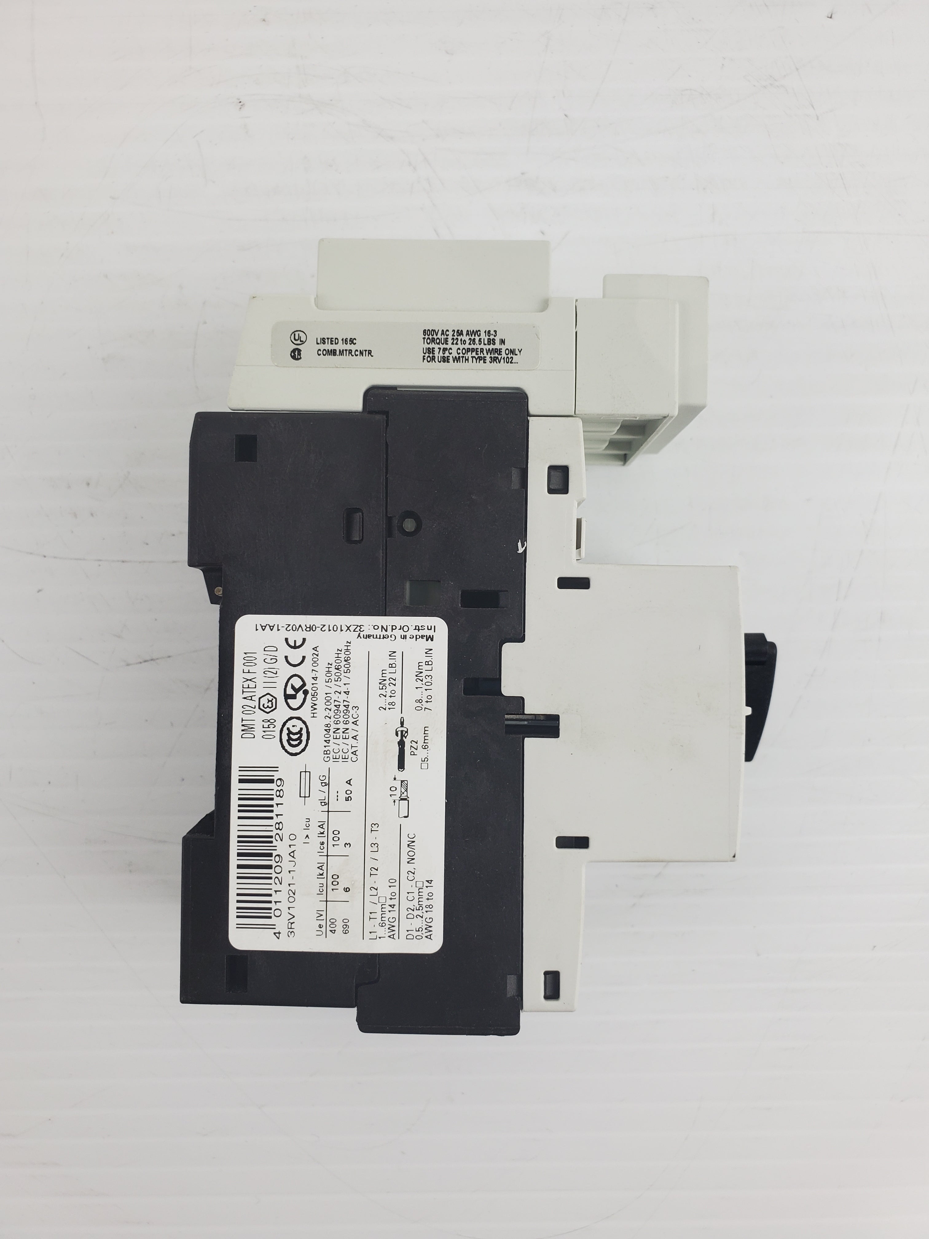 Siemens 3RV1021-1JA10 Motor Starter Circuit Breaker With 3RV1928-1HC Connected
