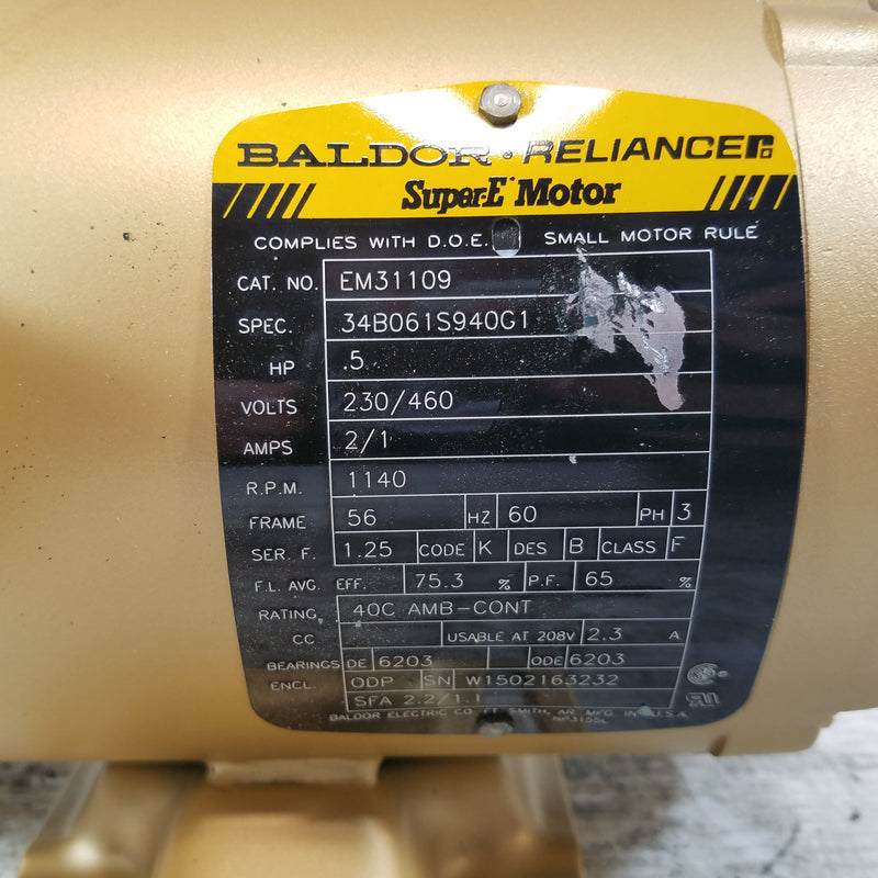 Baldor EM31109 1/2HP 3 Phase Super-E Electric Motor