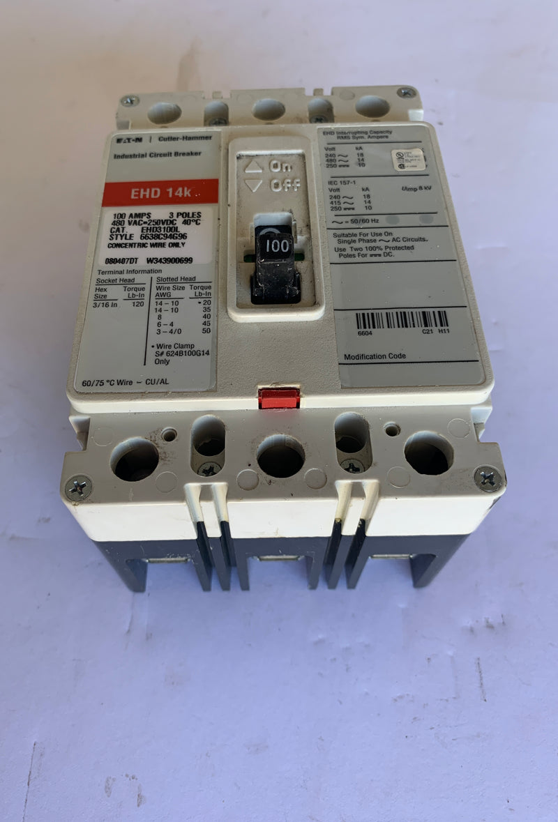 Eaton EHD3100L Circuit Breaker EHD 14k 3 Pole 100A