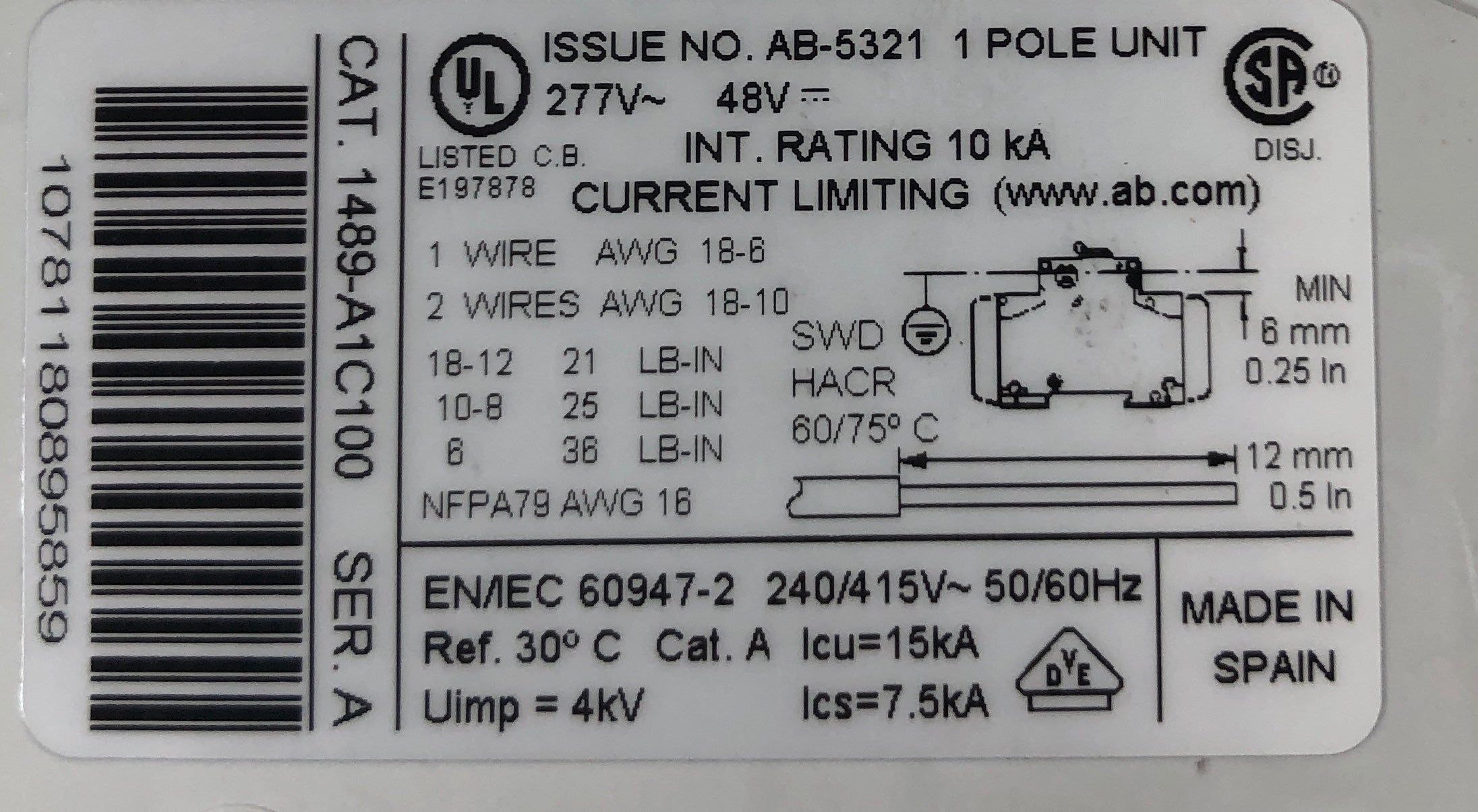 Allen-Bradley 1489-A1C100 Circuit Breaker Series A