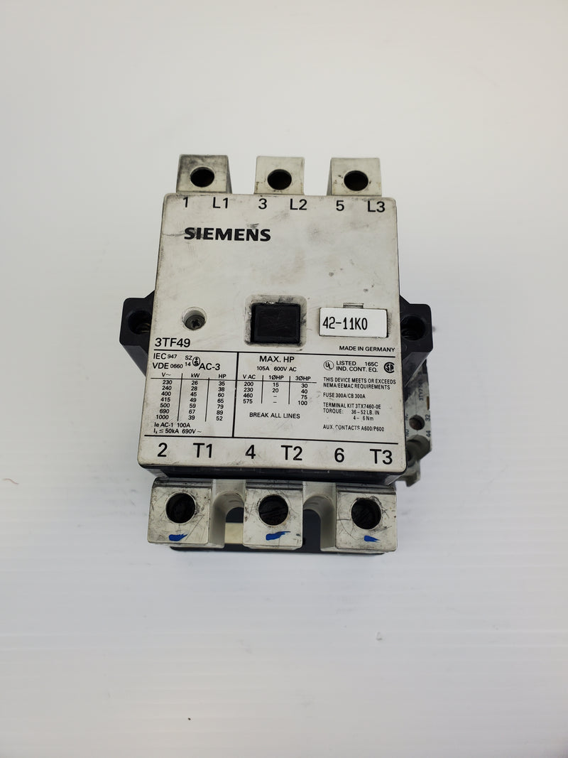 Siemens Power Contactor 3TF49 105A 600VAC