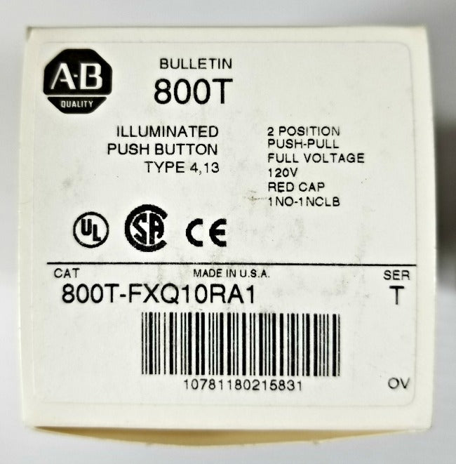 Allen Bradley Push Pull Button 800T-FXQ10RA1 Illuminated Red 2 Position 120V