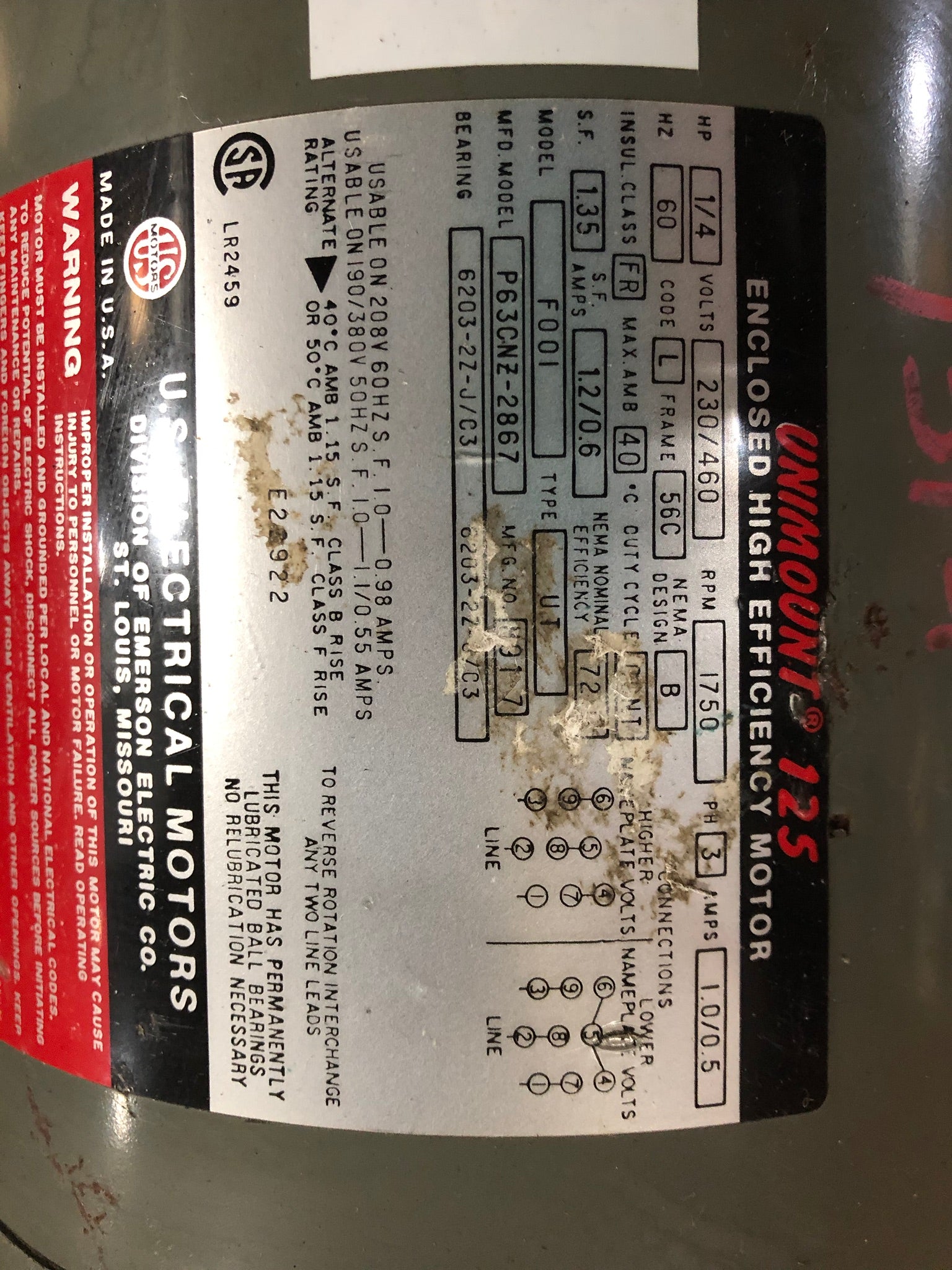 U.S. Electrical P63CNZ-2867 1/4 HP 3 Phase Unimount 125 Motor 1750 RPM