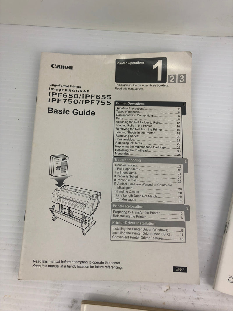 Canon iPF650/iPF655/iPF750/iPF755 Basic Guide in 3 Languages