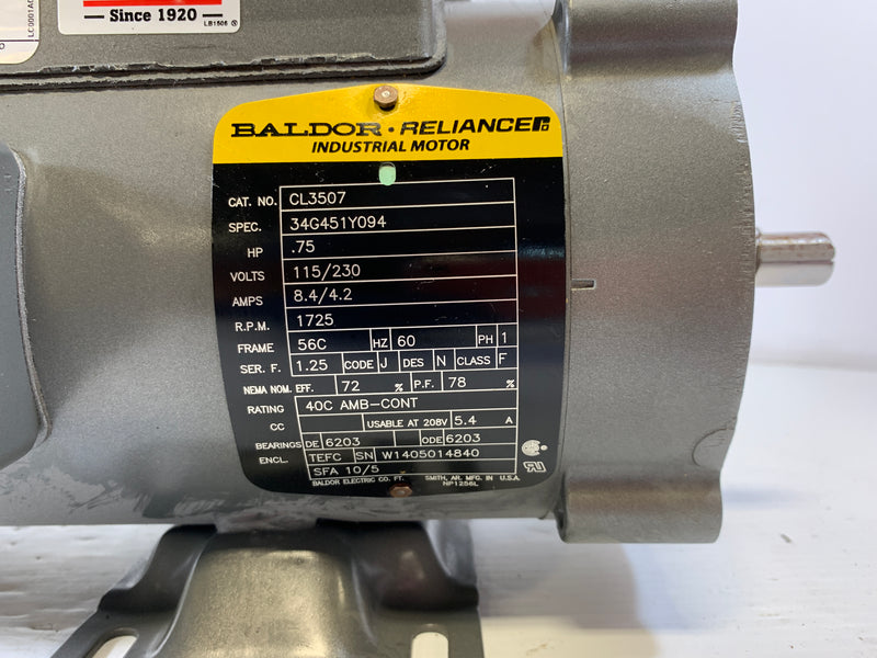 Baldor Electric Motor CL3507 .75 HP 1725 RPM TEFC