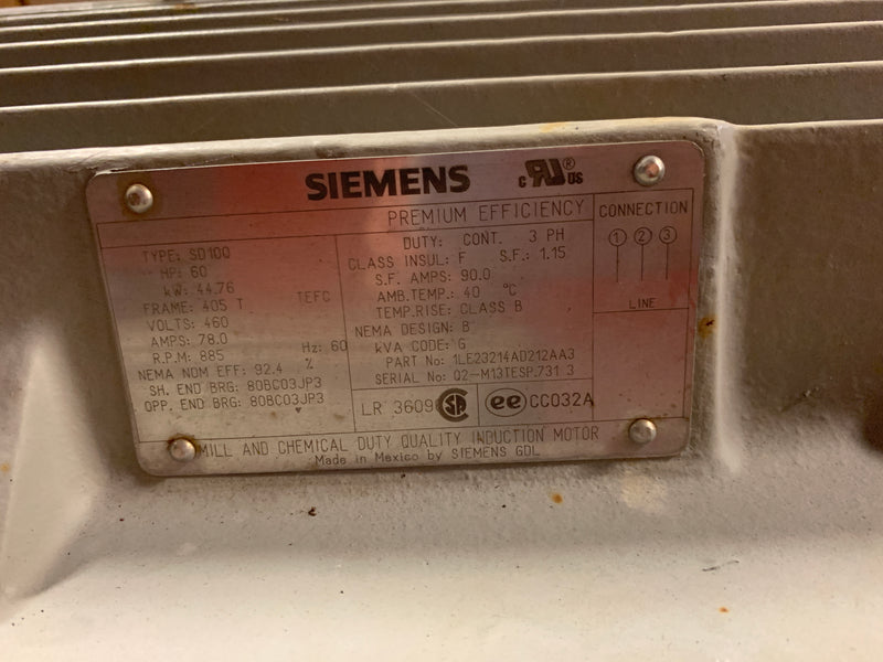 Siemens SD100 Efficiency Motor 60 HP 405T 885 RPM