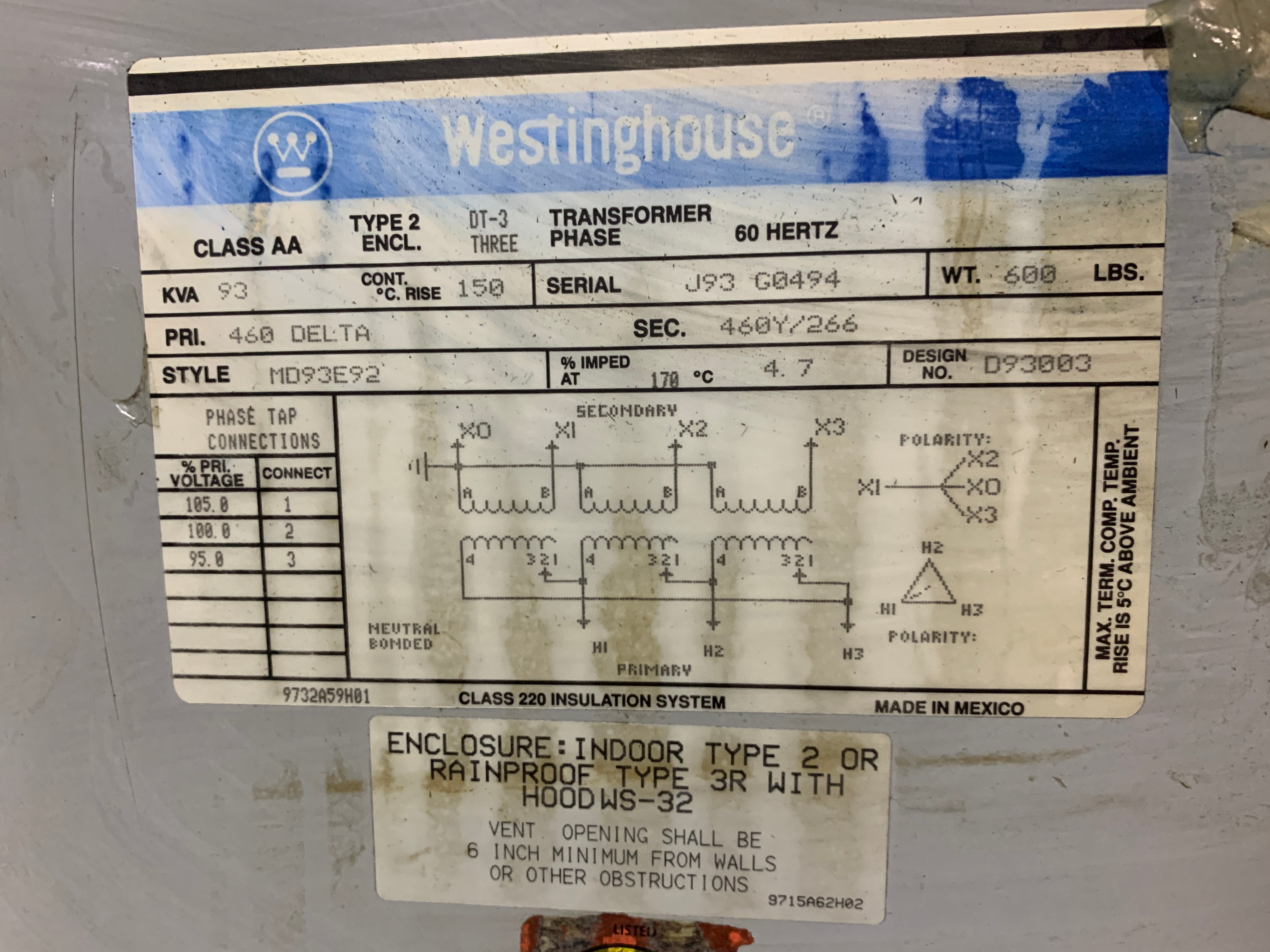 Westinghouse MD93E92 Transformer Type 2 Encl. Class AA 93KVA 3 PH 60Hz