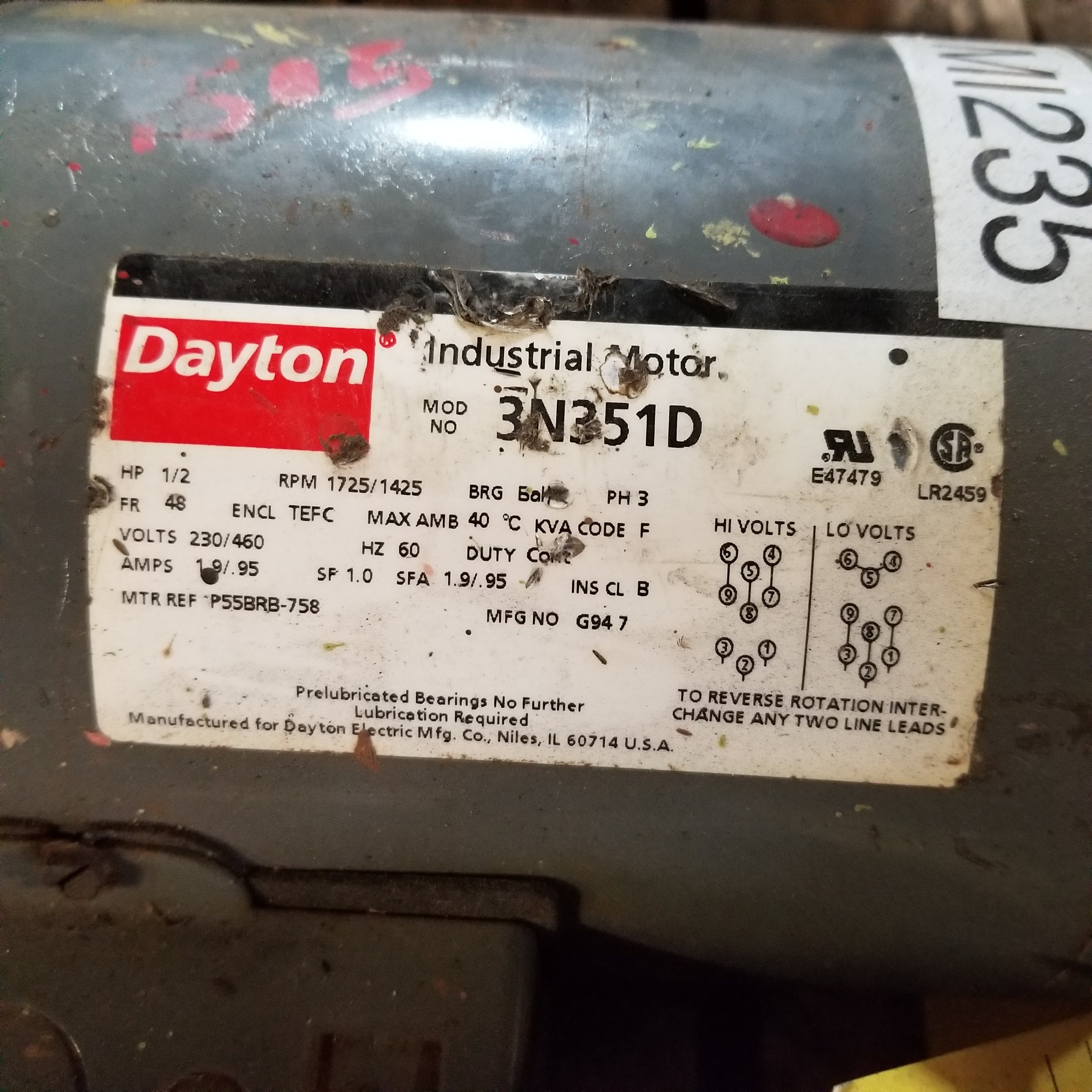 Dayton 3N351D Electric Motor 3 Phase 1/2 HP 1725/1425 RPM