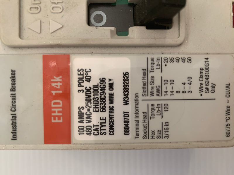 Eaton EHD3100L 3-Pole 100A Circuit Breaker