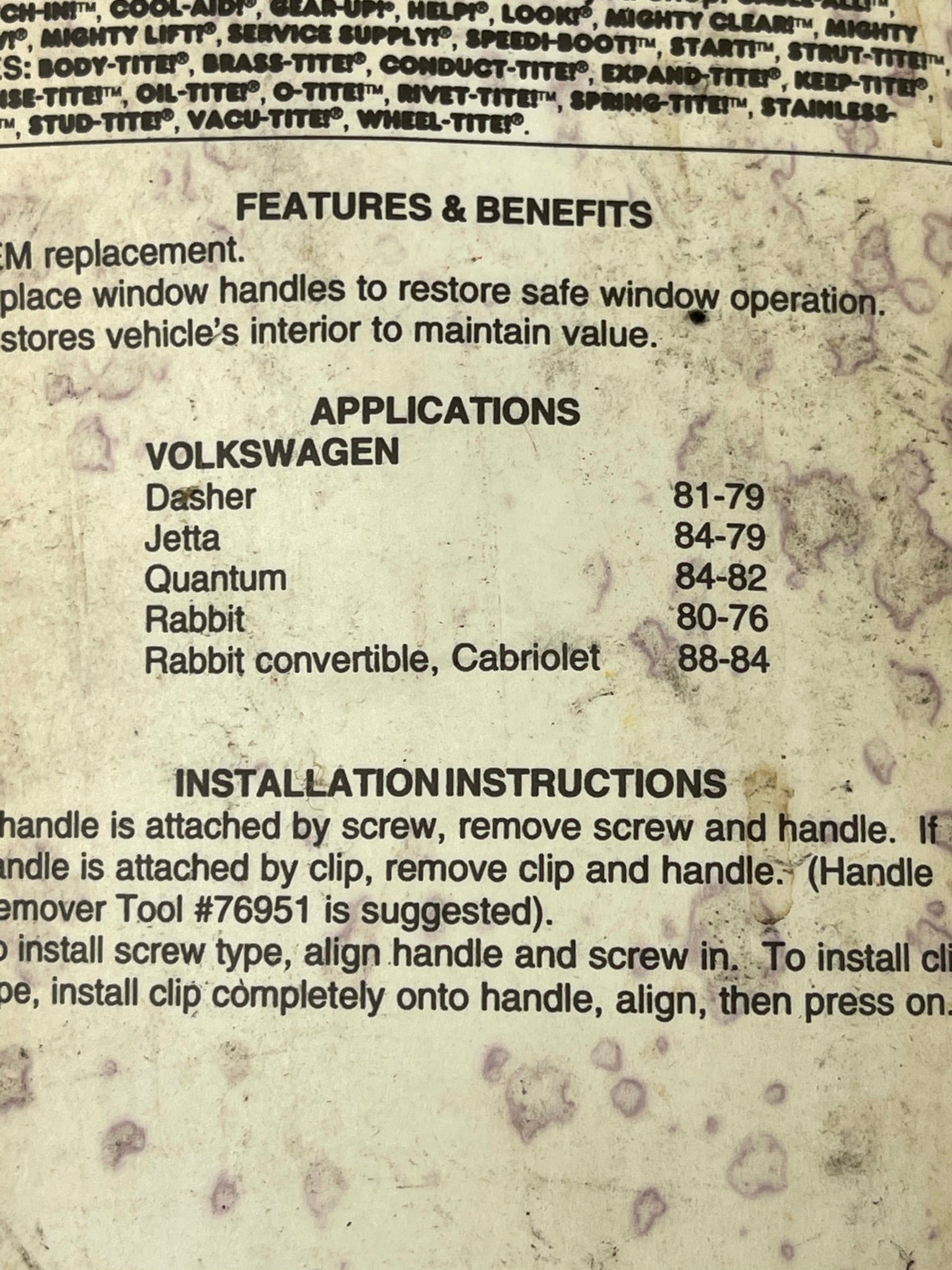 Help! Motormite Window Handle 76918 Volkswagon 1979 - 1988 Various Models